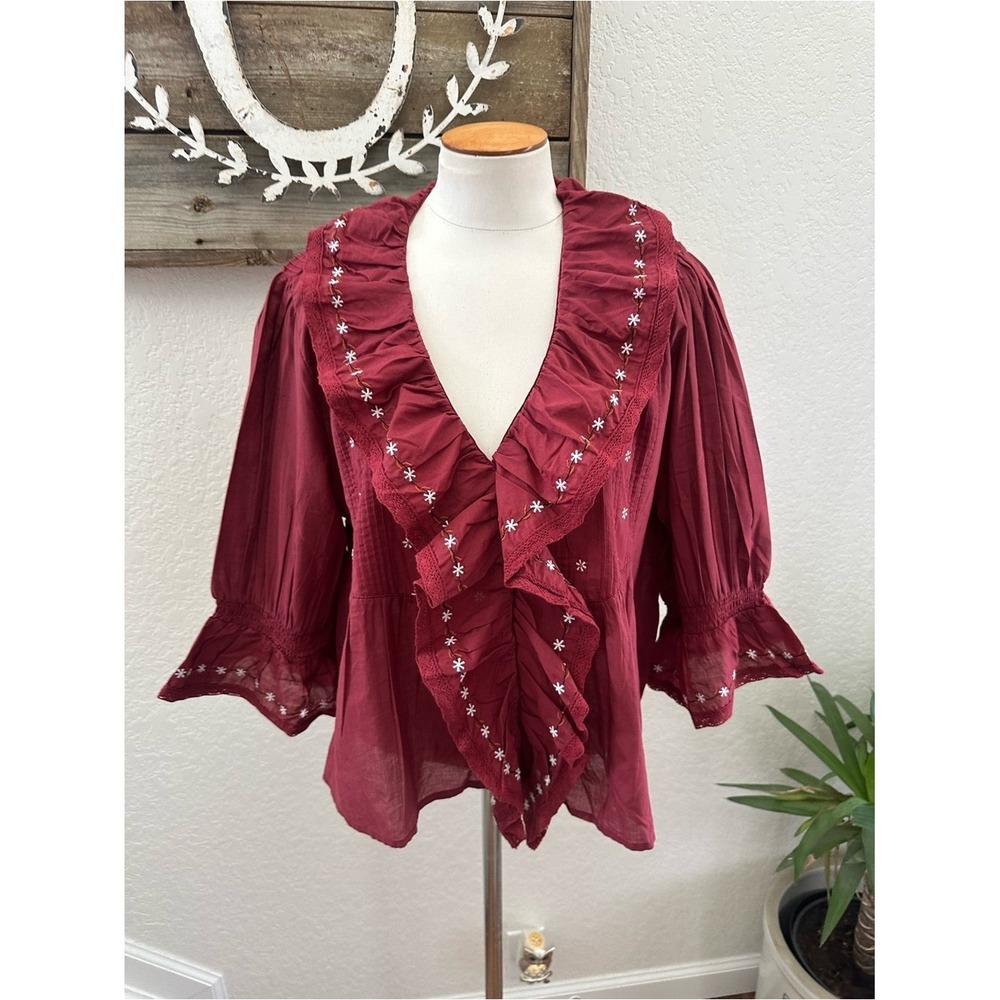 Lucky & Coco burgundy ruffle embroidered boho cotton blouse top size L NWT